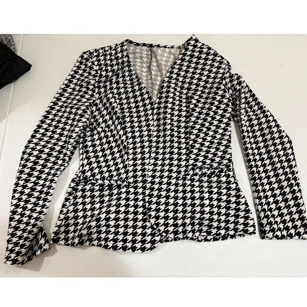 Black and White Houndstooth Open Front Blazer Jacket JIT13563455